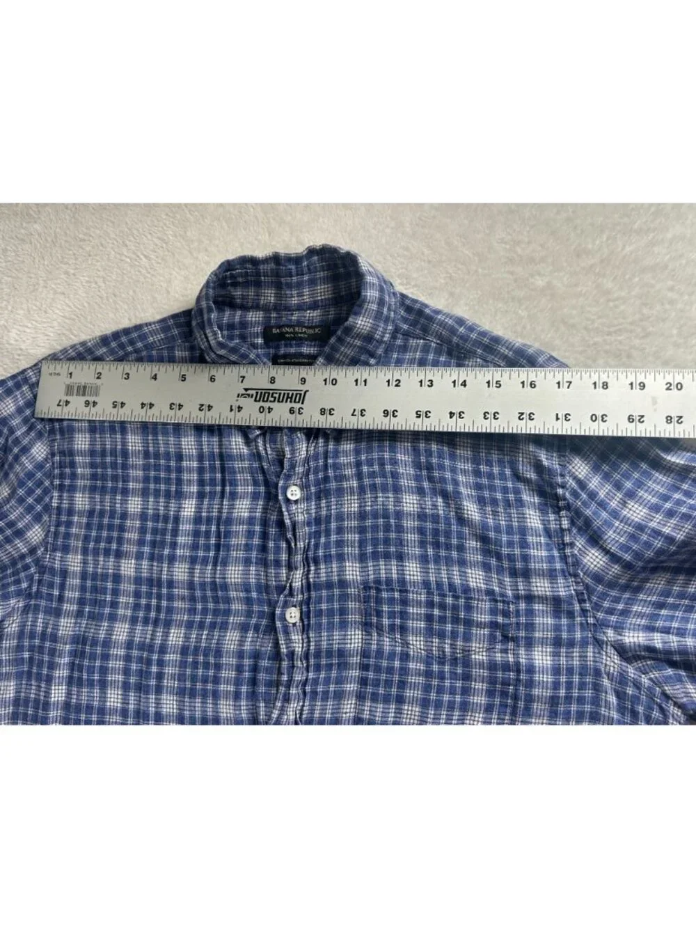 Banana Republic Mens Blue Plaid Linen Button-Down Short Sleeve Shirt Camden Fit